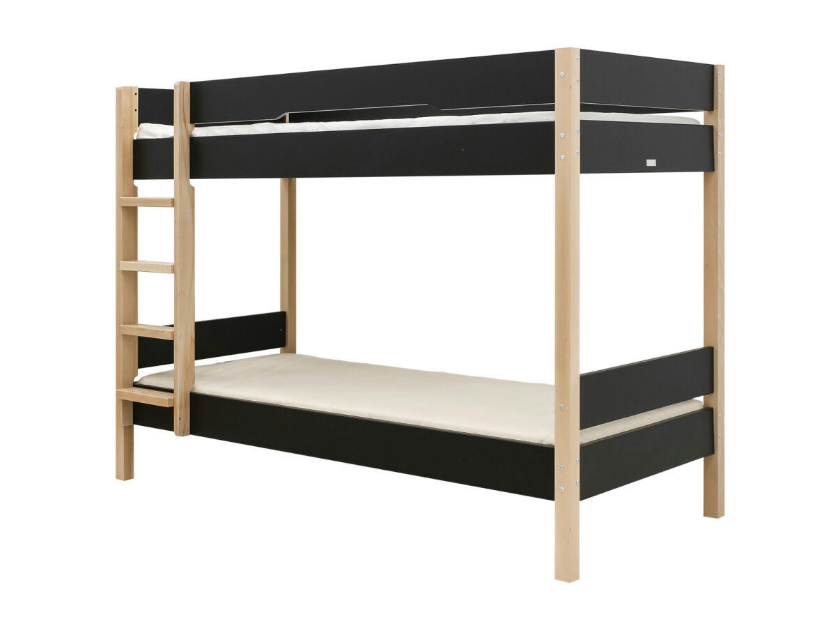 LUCAS - Lits superposés 90x200 en MDF et hêtre noir mat