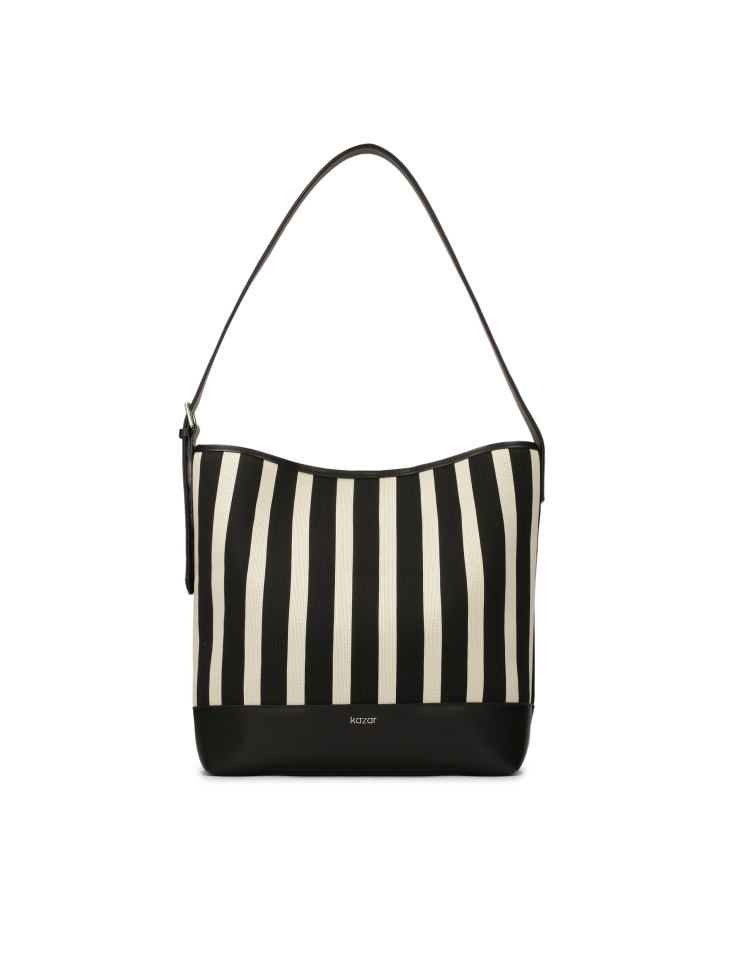 Large striped handbag in fabric and leather