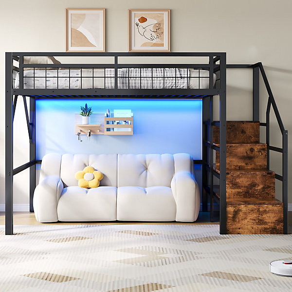 Lit Mezzanine Adulte 140x200 cm - avec éclairage LED et Escalier de Rangement - sans Matelas - Métal - Noir