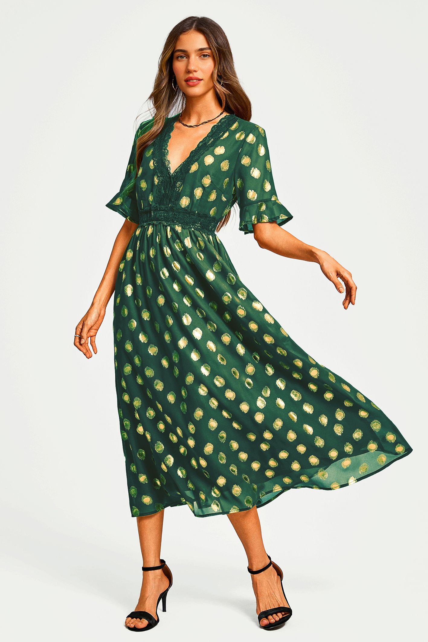 FS Collection Gold Foil Lace Trim V Neck Midi Dress In Green