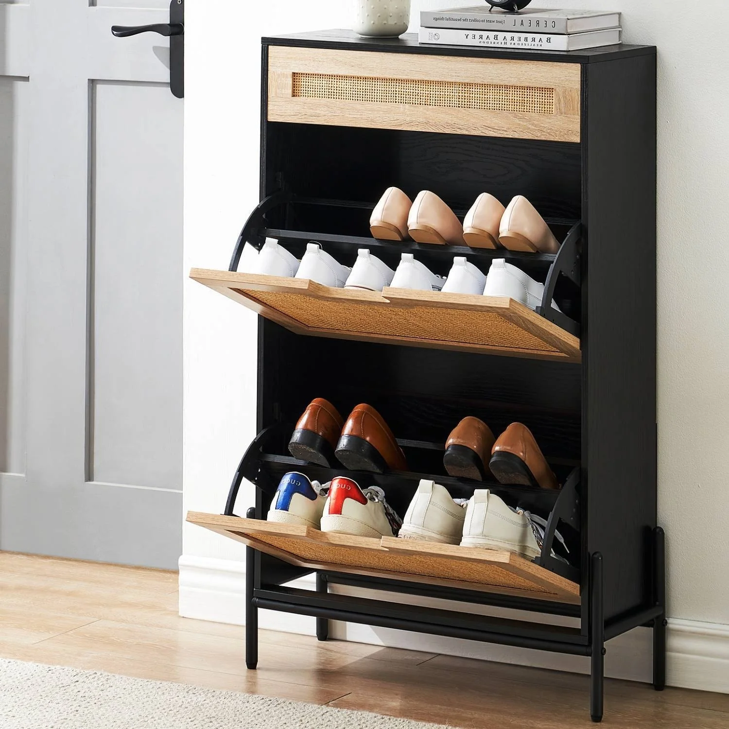 Rattan Shoe Storage Cabinet with 2 Flip Door and Drawer - N/A