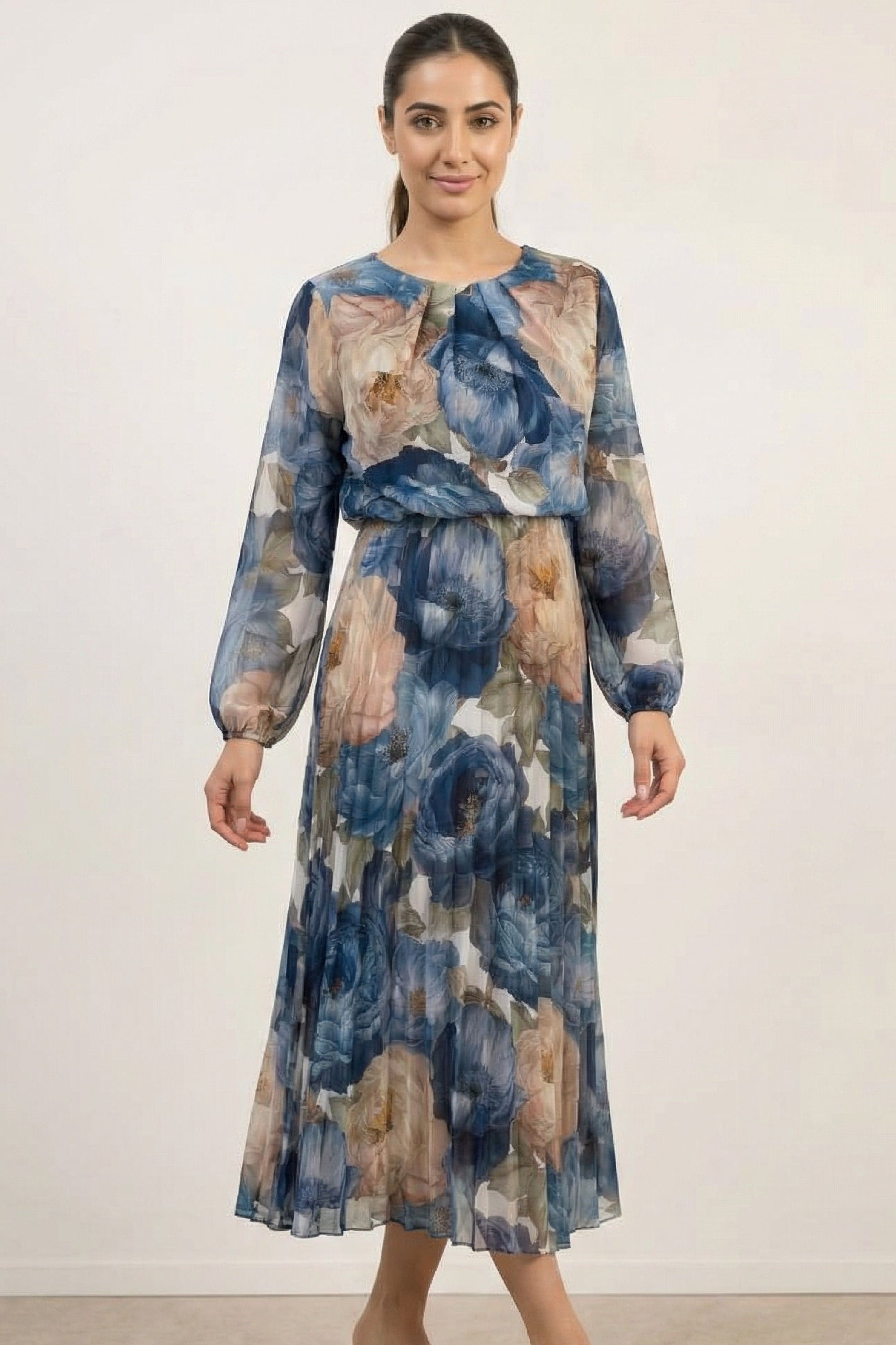 Blue Vanilla Blue Pleated Floral Dress