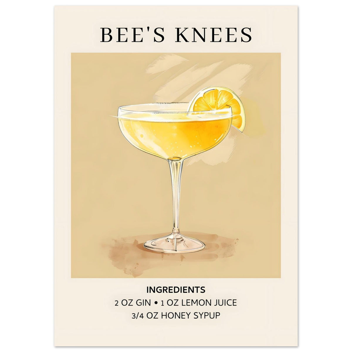 Artfulprints Poster Bee's Knees cocktail - Ingrediënten  - 50x70 cm - Geel