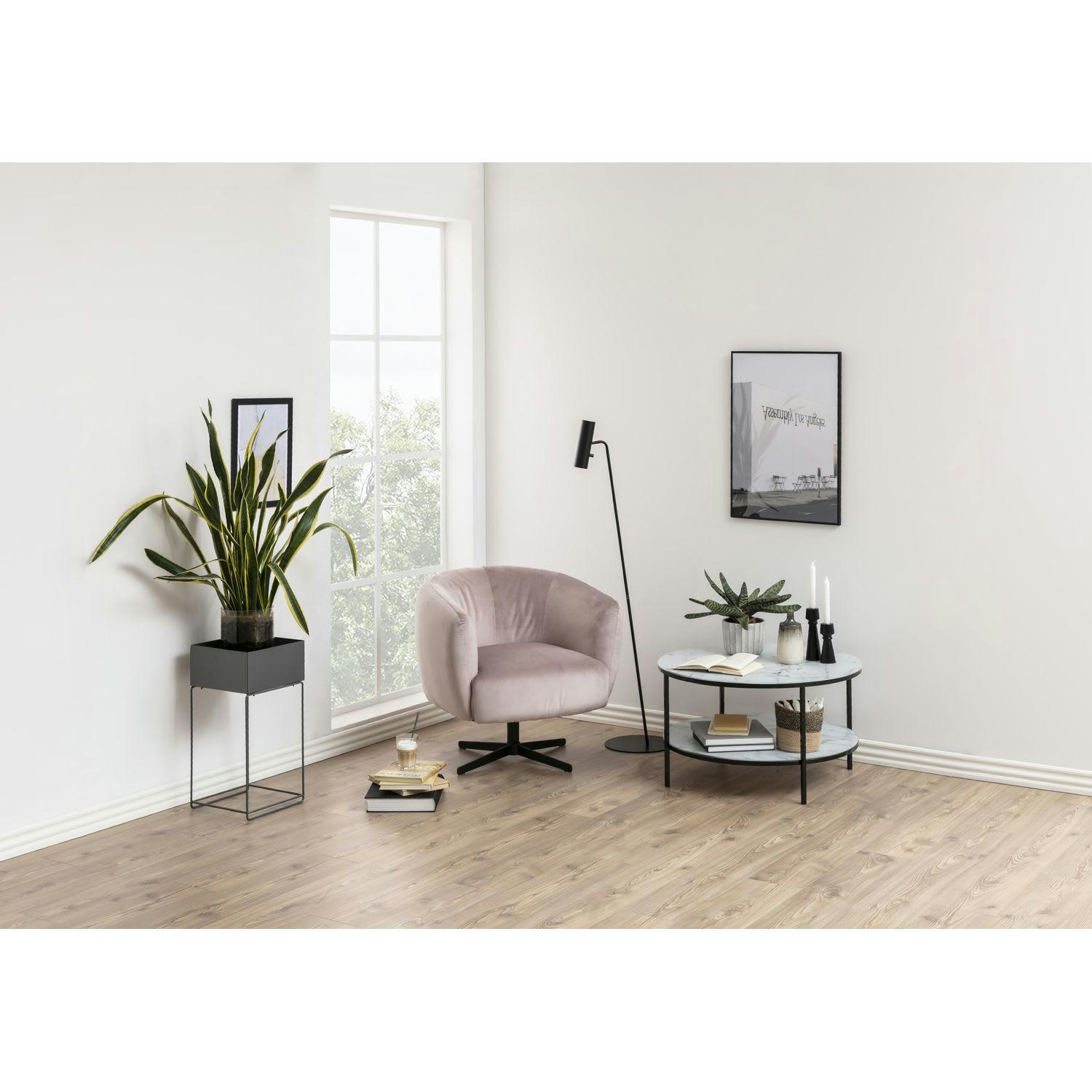 ALYSÉ - Table basse ronde effet marbre en verre et métal 2 niveaux noir