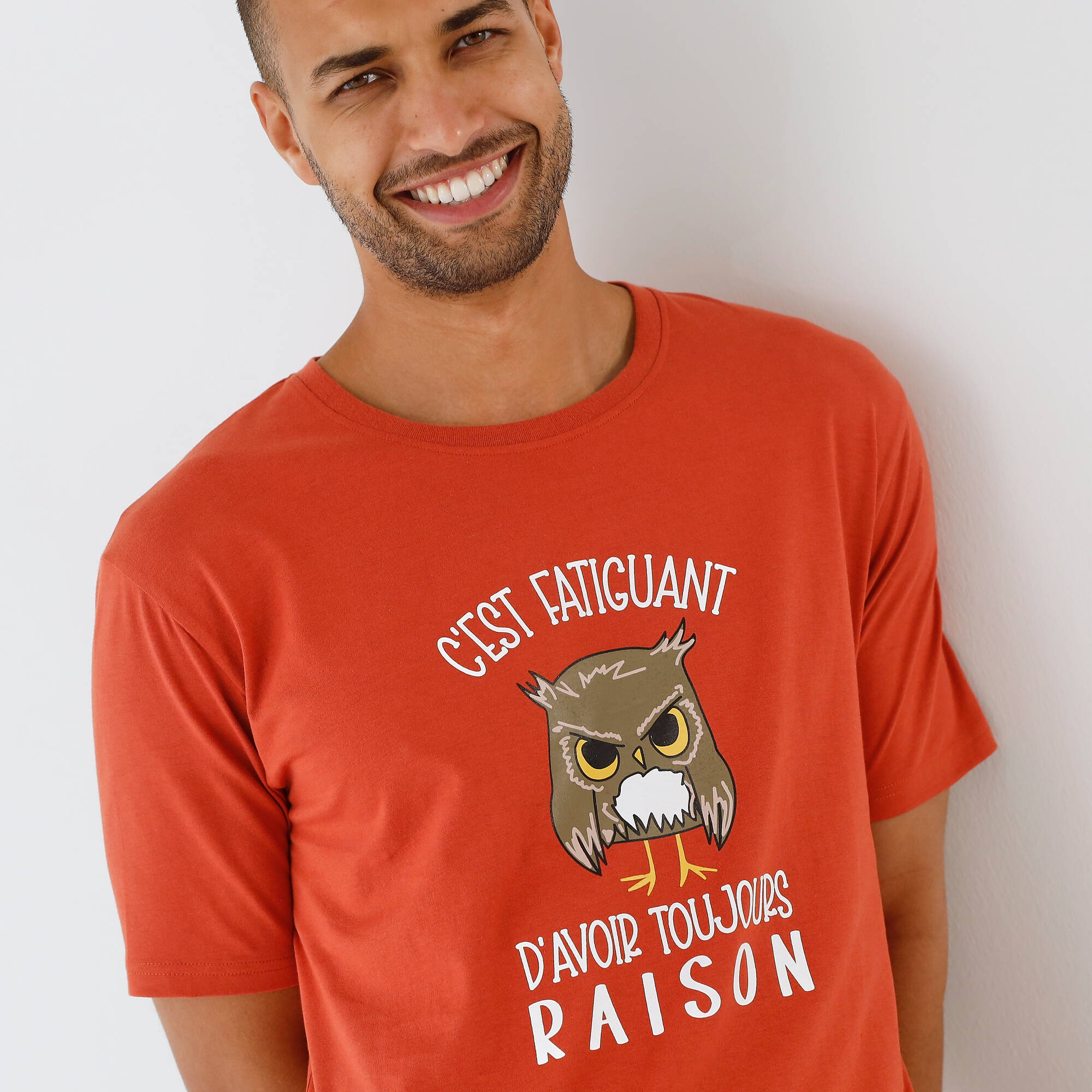 Pyjama short message motif hibou manches courtes
