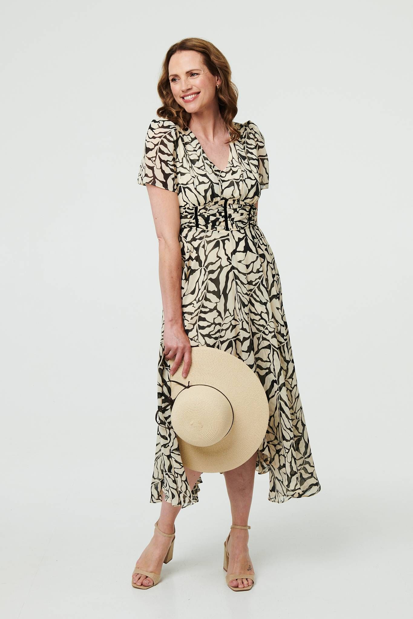Izabel London Printed Ruched Front V-Neck Midi Dress