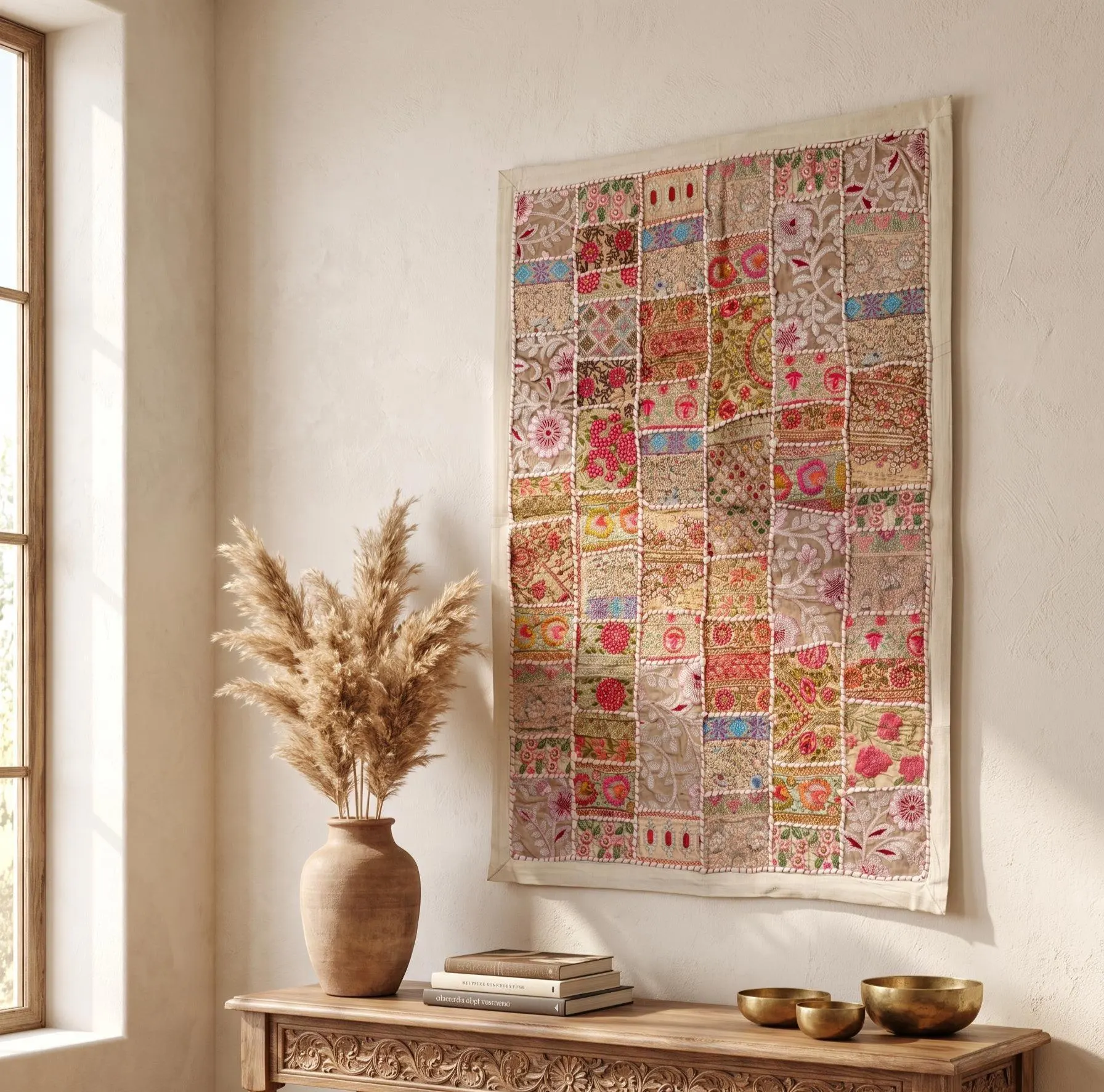 Colorful Indian Patchwork Tapestry, Handmade Wall Decor, Dorm Room Art (90x60 cm)