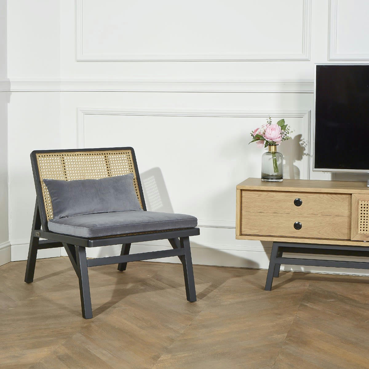 LALALA - Fauteuil en cannage chêne laqué noir et velours gris loup