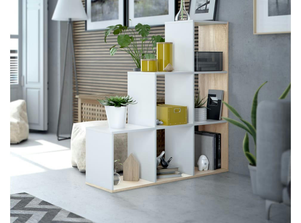 JADE - Bibliothèque escalier blanc/bois avec 6 cubes L108cm x H110cm