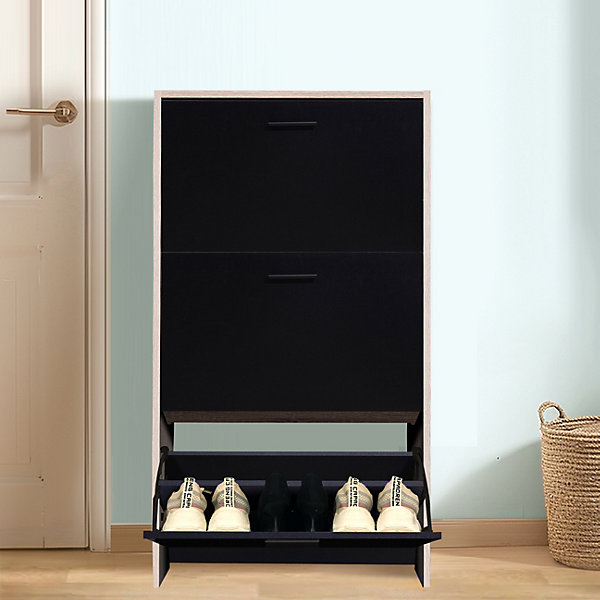 CASABEL Meuble à chaussures 18 paires, rangement entrée L60xP24xH113 cm, grande capacité, portes noires, cadre bois clair