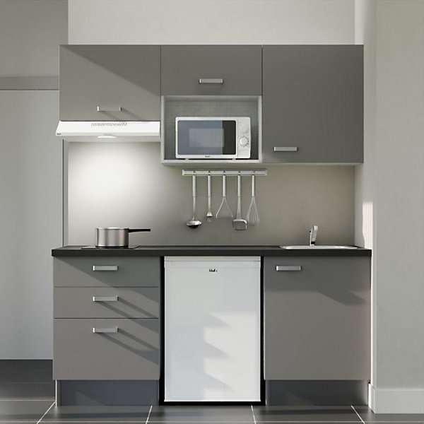 Kitchenette K20 - 180 cm - Façades : Gris - Plan de travail : Noir - Crédences : Non - Evier