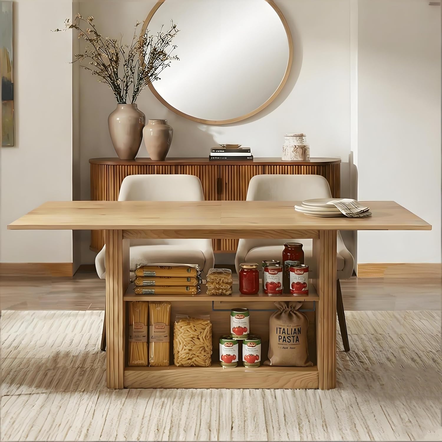 FUQARHY Dining Table for 6, Small Rectangular Kitchen Table for 4 with 2-Tier Storage Shelf, Farmhouse Modern Fluted Wood Table (Yellow Oak)