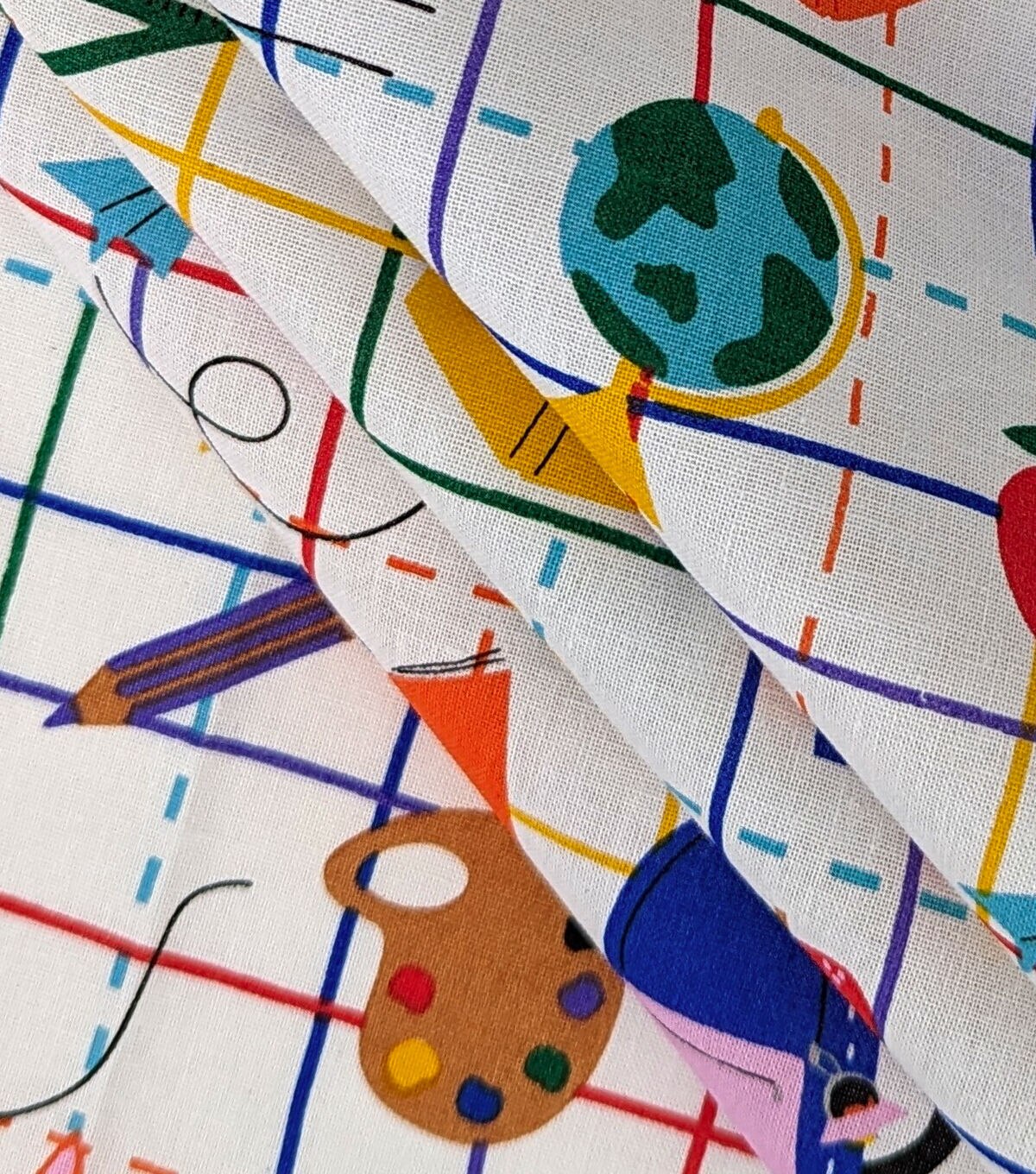 Multicolor School Supplies On Plaid Novelty Cotton Fabric by POP!