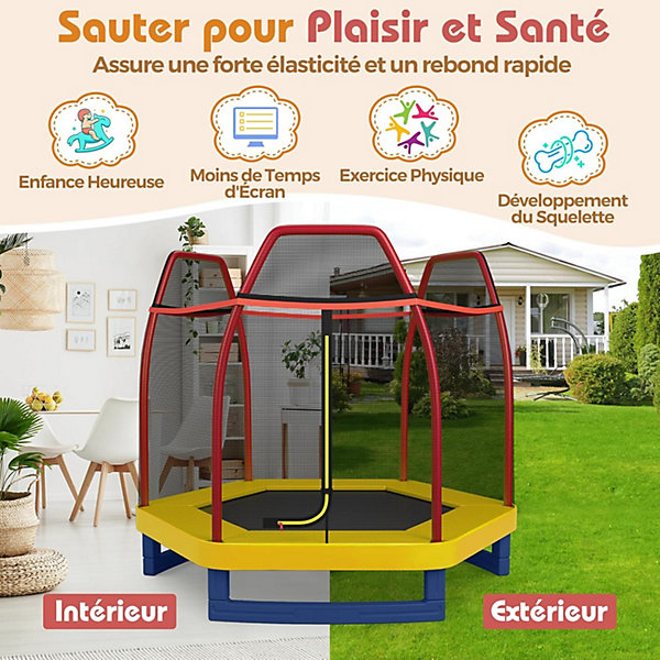 223cm Trampoline pour Enfant avec Filet de Sécurité Tapis de Saut Haute élasticité et Fermeture éclair en Forme L