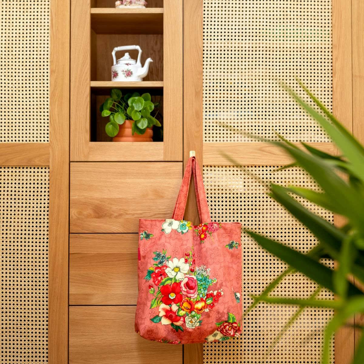 HANAMI - Tote bag en velours imprimé fleuri rose 45x40 cm
