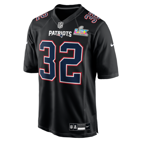 Men's New England Patriots TreVeyon Henderson Nike Black Super Bowl LX Patch Carbon Fashion Game Jersey