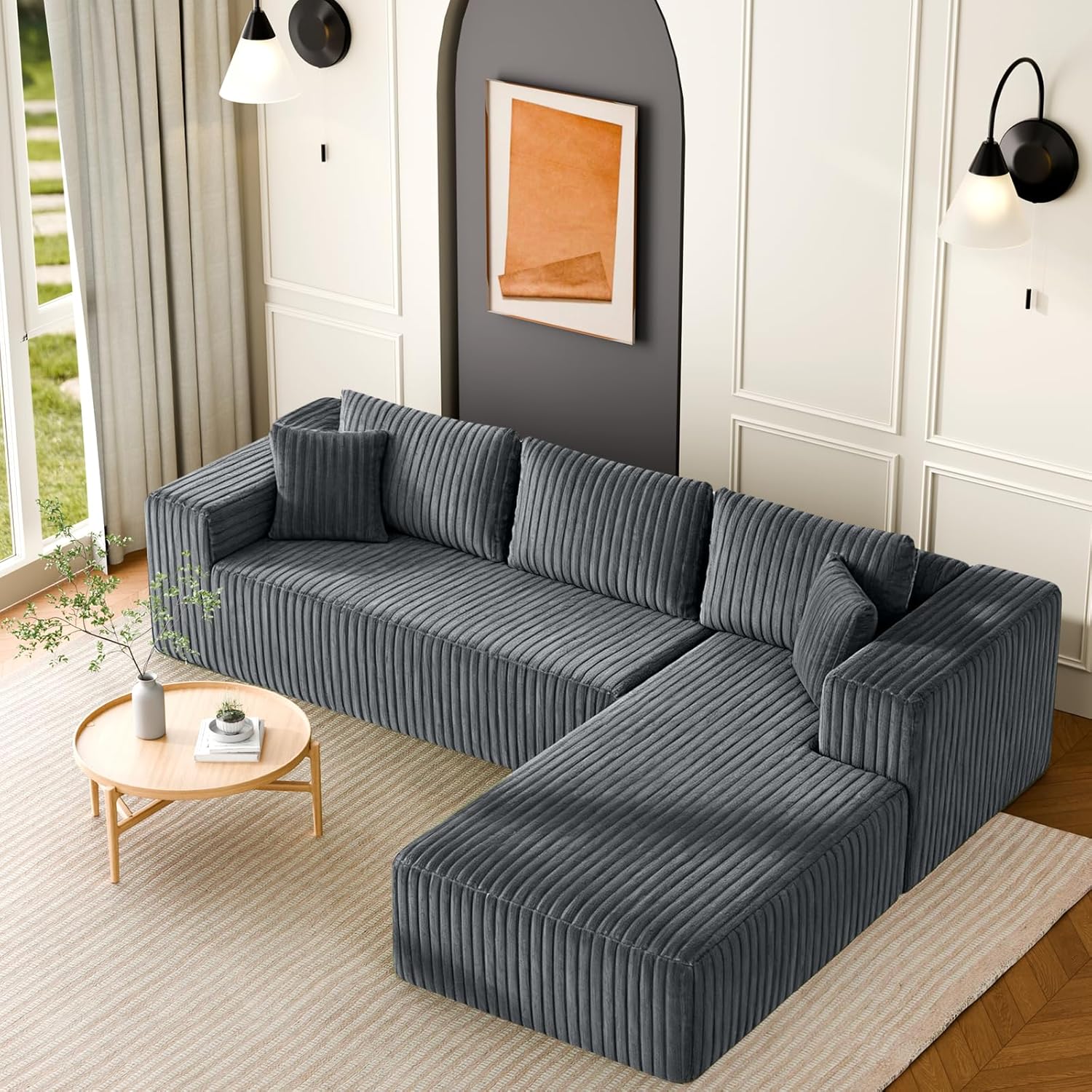 106 Modular Sectional Sofa, Grey Corduroy Cloud Couch with Left Chaise, Deep Seat Boneless Floor Sofa for Living Room, High-Resilience Foam Support, No Assembly Required, Includes Pillows | Sectional Sofa, Corduroy Cloud, Boneless, High-Resilience,