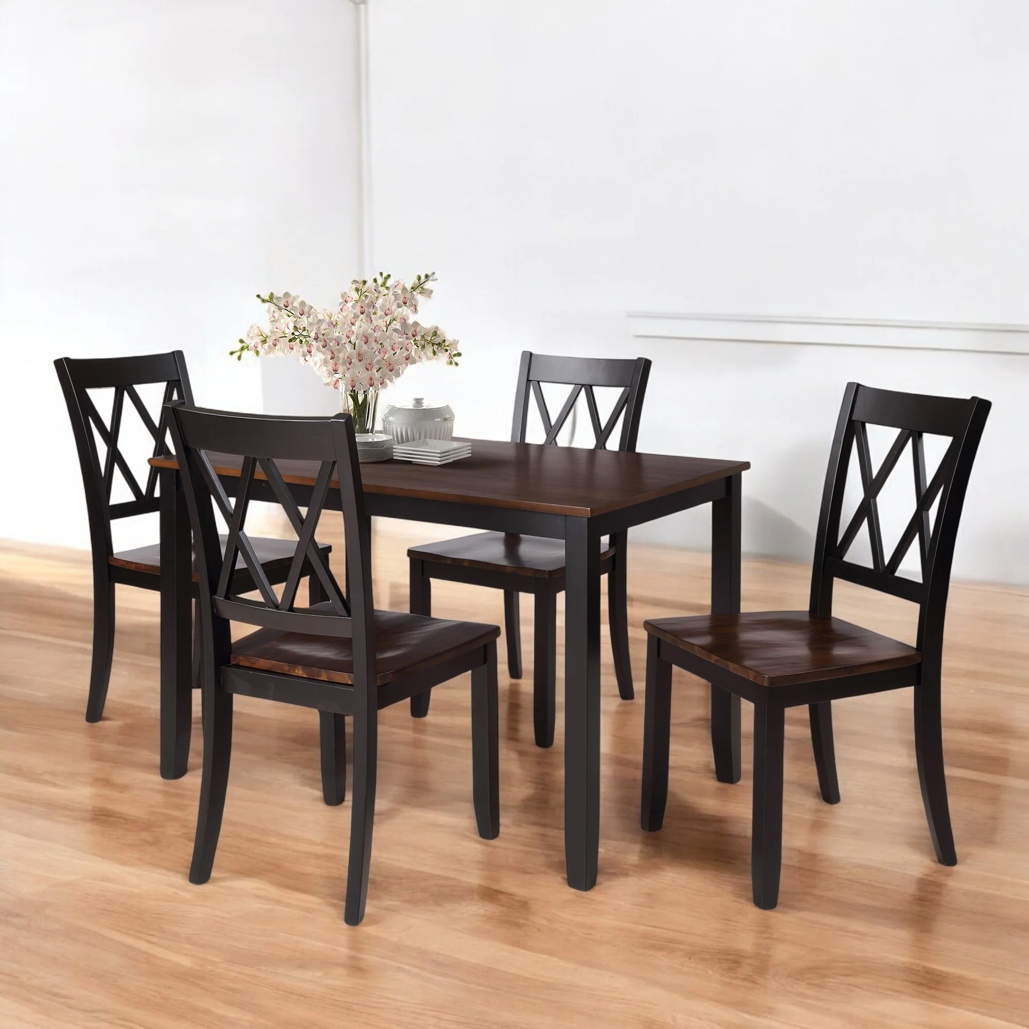 5-Piece Solid Wood Farmhouse Dining Set with Ergonomic Chairs and Waterproof Acacia Top for Dining Room and Kitchen