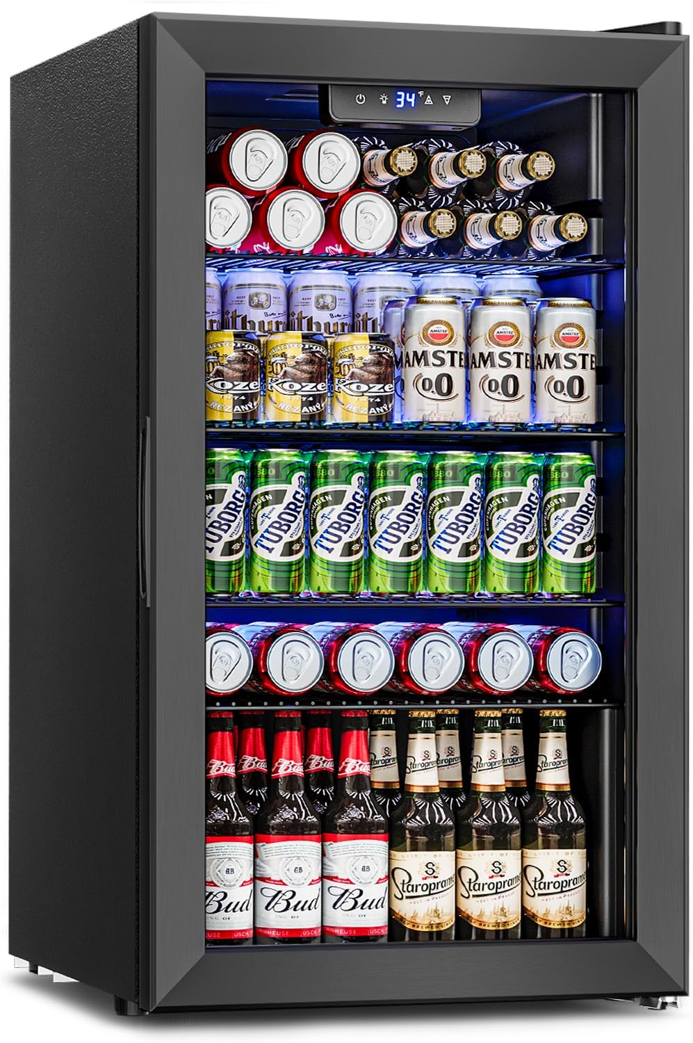 Feelfunn Beverage Refrigerator and Cooler - 126 Can Mini Fridge Glass Door for Soda Beer Wine - Freestanding Beverage Fridge for Bedroom Office Bar, 4 Adjustable Shelves, 3.2 Cu.Ft, Black