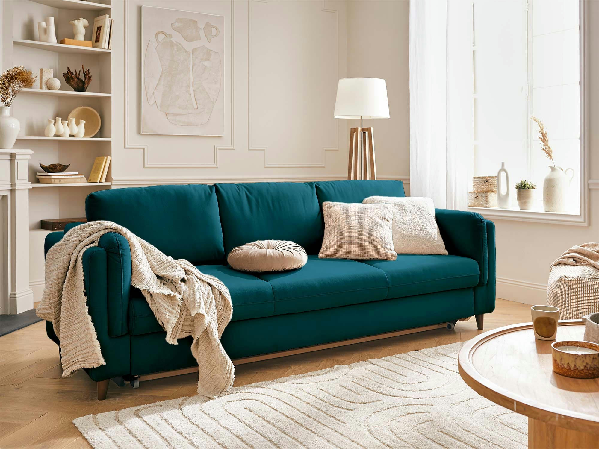 BROOKE - Canapé droit convertible 3 places en velours bleu canard