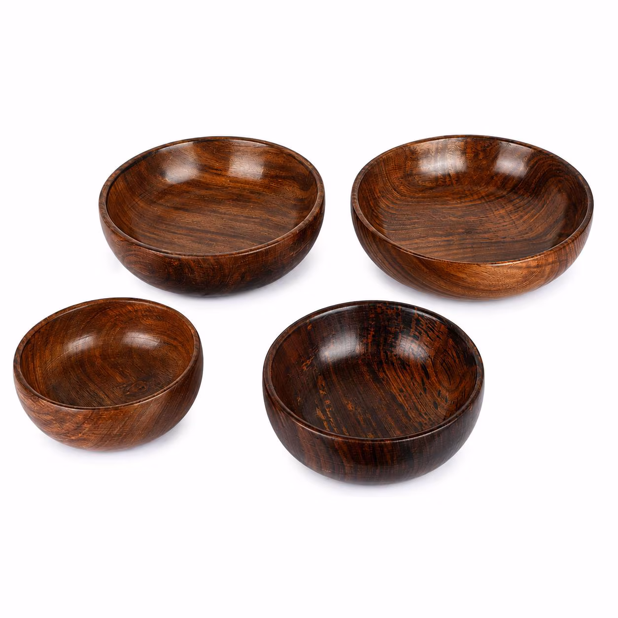 Set of 4 Handmade Wooden Serving Bowls, Natural Dark Wood Salad Bowls, Snack & Fruit Bowls for Kitchen, Dining Table and Home Décor