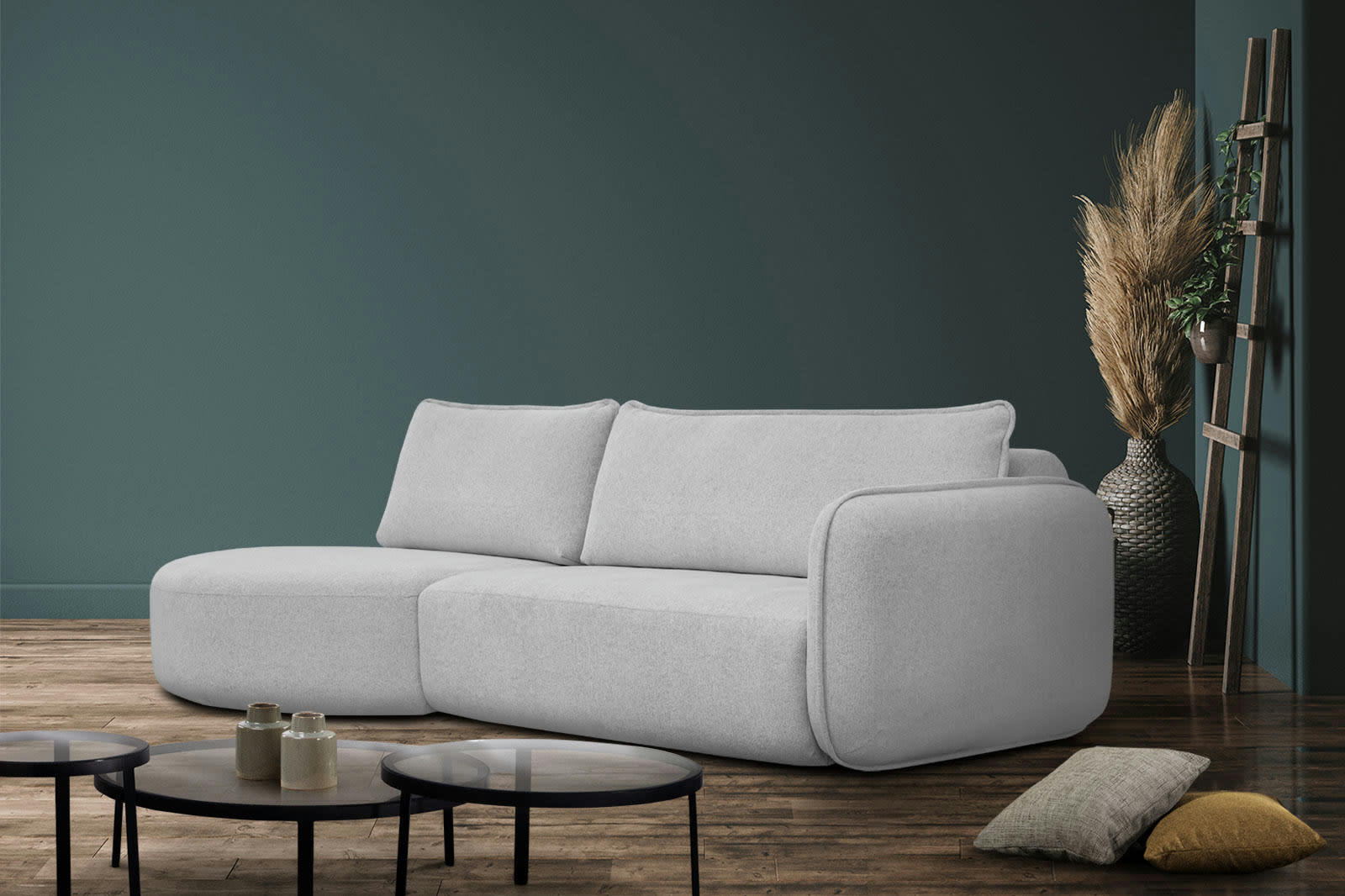 IPSUM - Canapé d'angle gauche 3 places avec l'île tissu gris cair