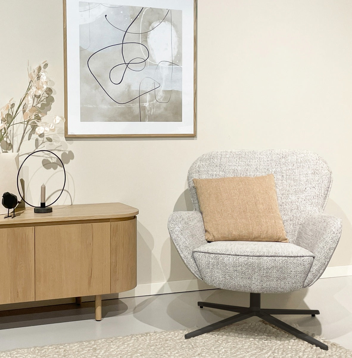 Livingfurn - Fauteuil Draaibaar - Beige Stof - 80x89x84cm - Sven