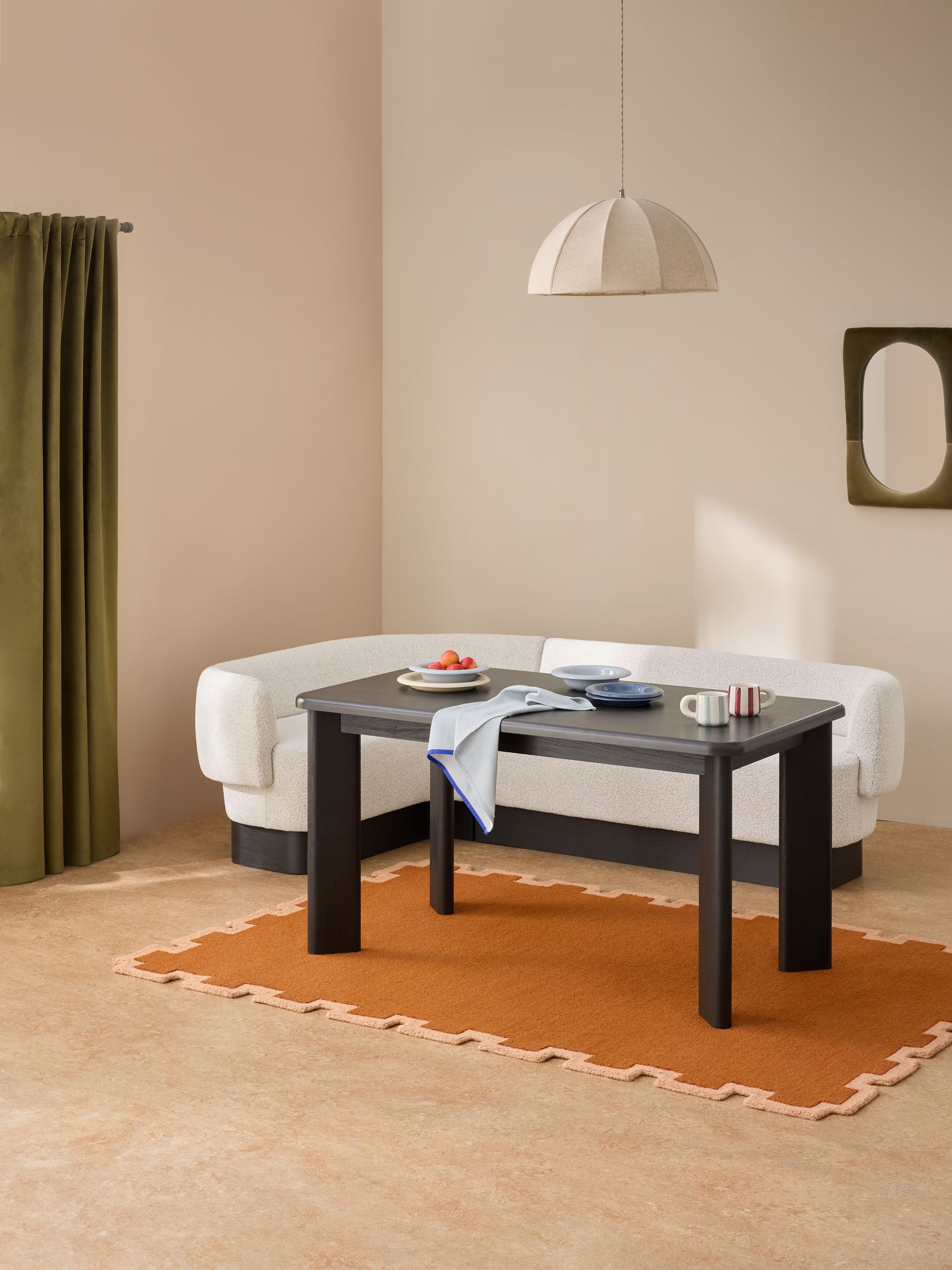 Left Hand Corner Corner Bench and Dining Table Set in Off White Boucle