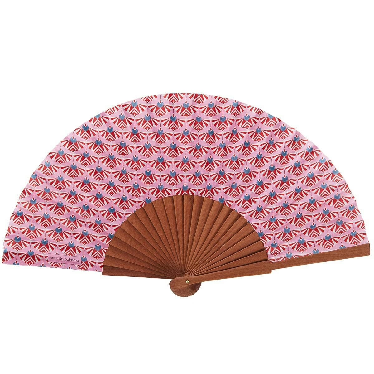 NOUR - Éventail en bois de merisier et coton imprimé graphique rose