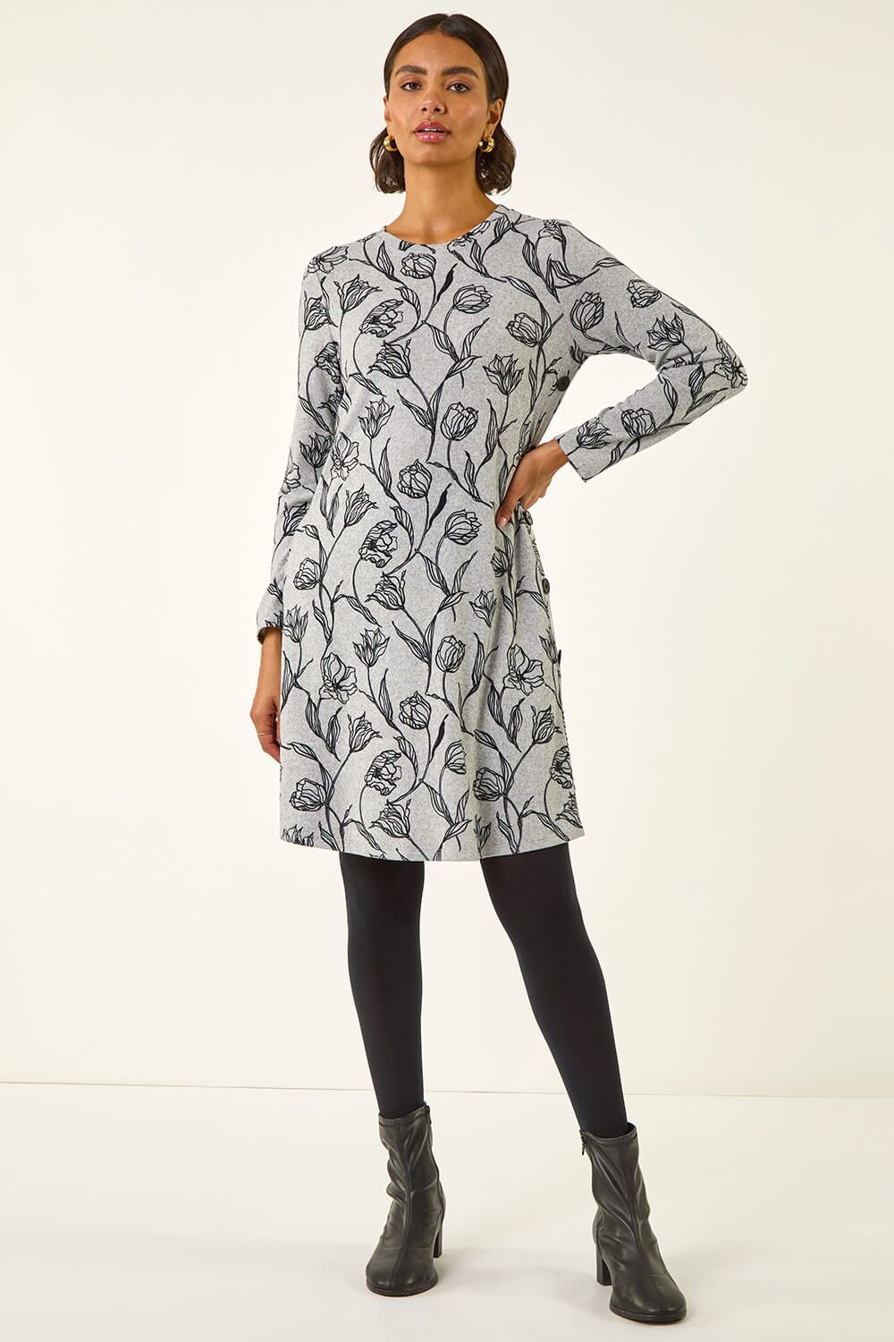 Roman Floral Print Side Button Stretch Dress