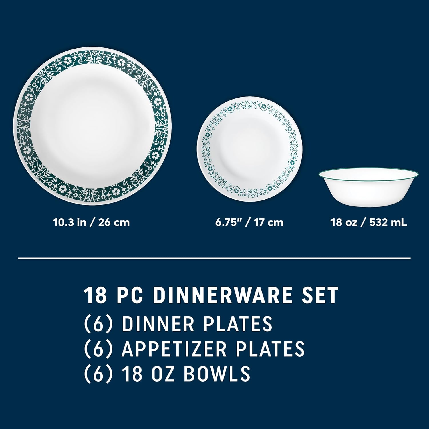 Corelle Vitrelle 18 Piece Glass Dinnerware Sets Service for 6, Triple Layer Chip & Crack Resistant Glass Plate and Bowl Sets, Penelope