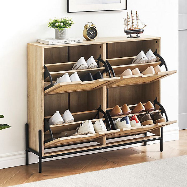 Meuble à chaussures - SALUTMEUBLE - étroit - 4 rabats - Rotin - 100 x 24 x 88 cm