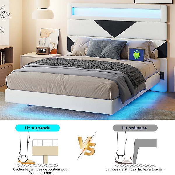 Lit 160x200 cm,avec port de chargement USB et éclairage LED,Cadre de lit, lit flottant avec Tête de lit triangle,Lit adulte,Blanc