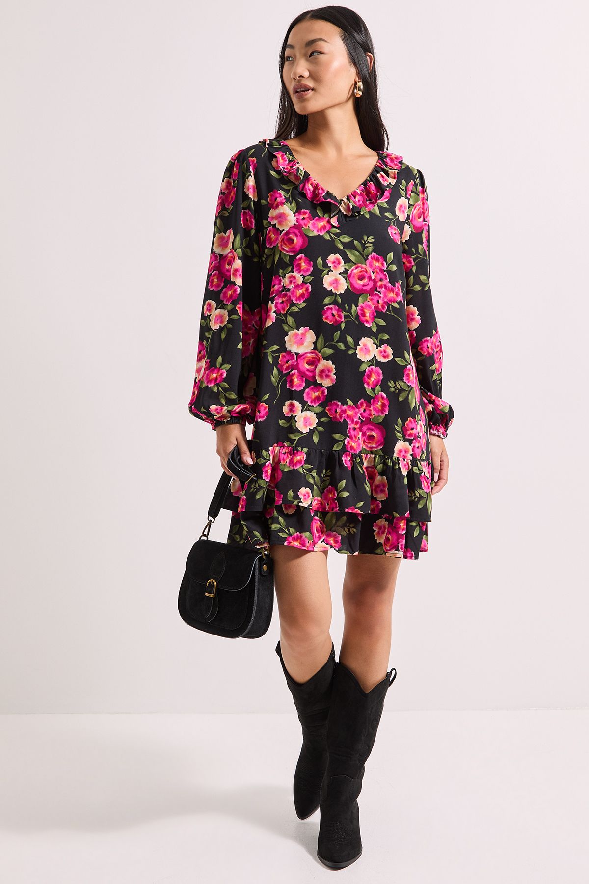 Dorothy Perkins Petite Black Floral Collar Detail Blouson Sleeve Tiered Mini Dress