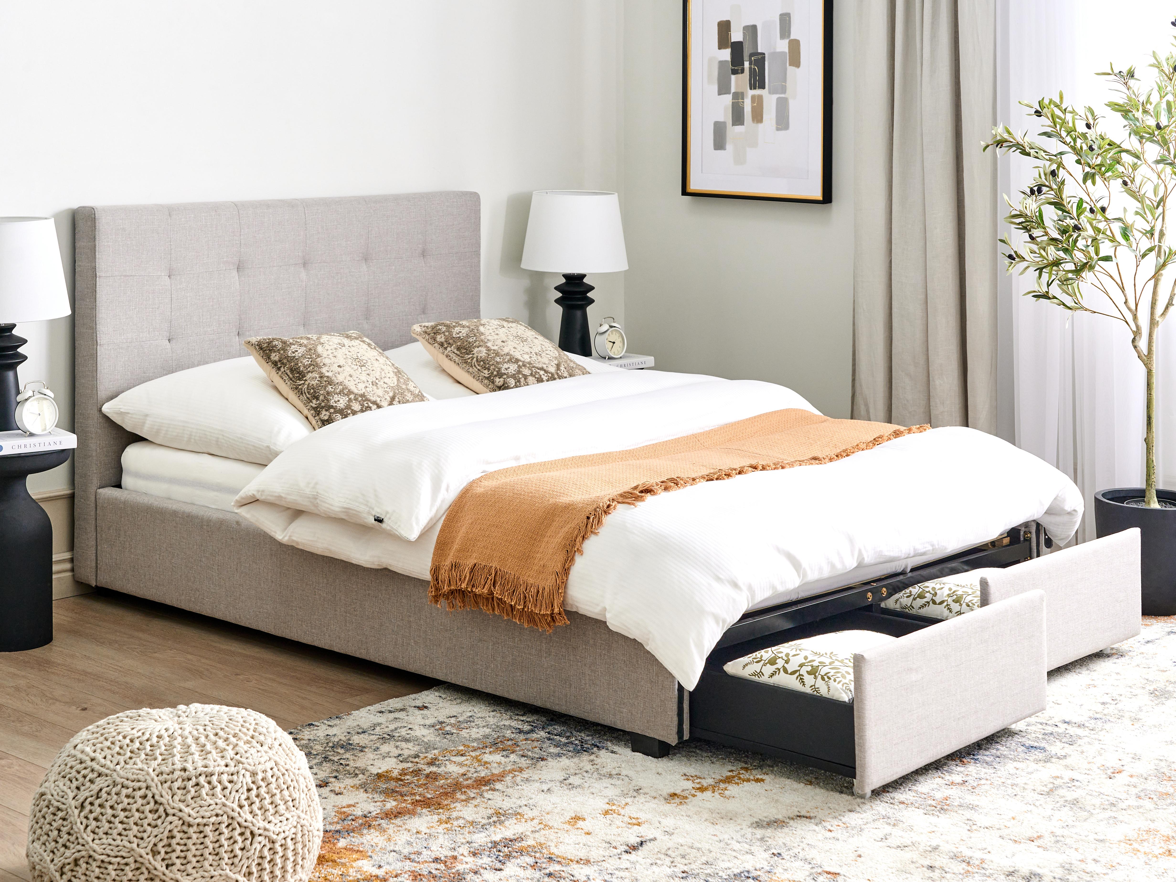 Bed with Storage Drawers Fabric LA ROCHELLE 140 x 200 cm (EU Double) Light Grey