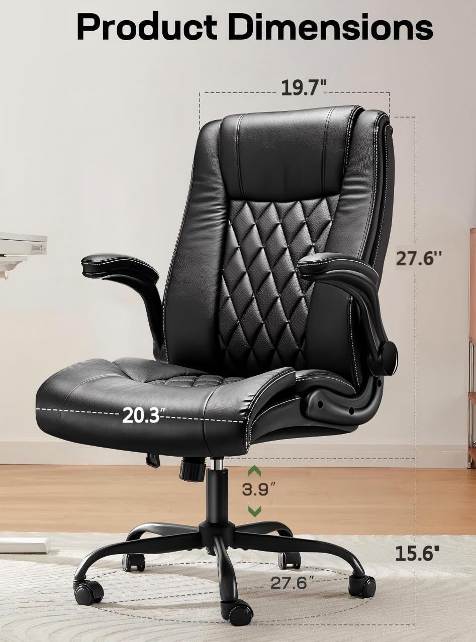 Marsail Executive Office Chair Ergonomic Desk Chair with Flip-up Armrests PU Leather Height-Adjustable Swivel Rolling Dark