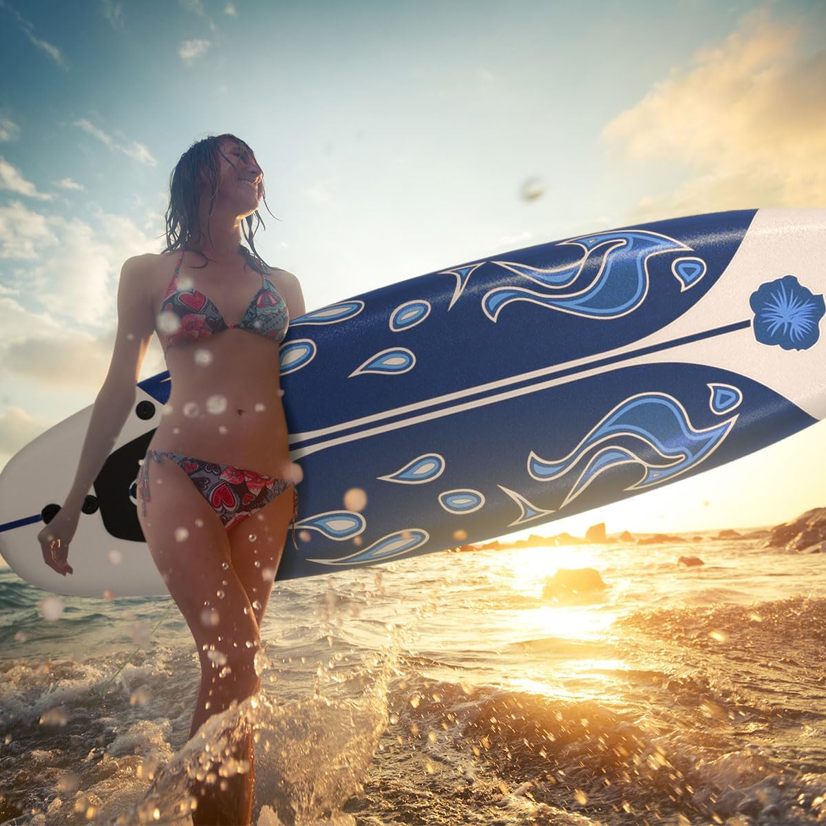KOTEK 6' Surfboard, Surfing Board with 3 Removable Fins, Safety Leash, EPS Core & EPE Deck, Lightweight Surf Board for Teenagers, Adults, Beginners