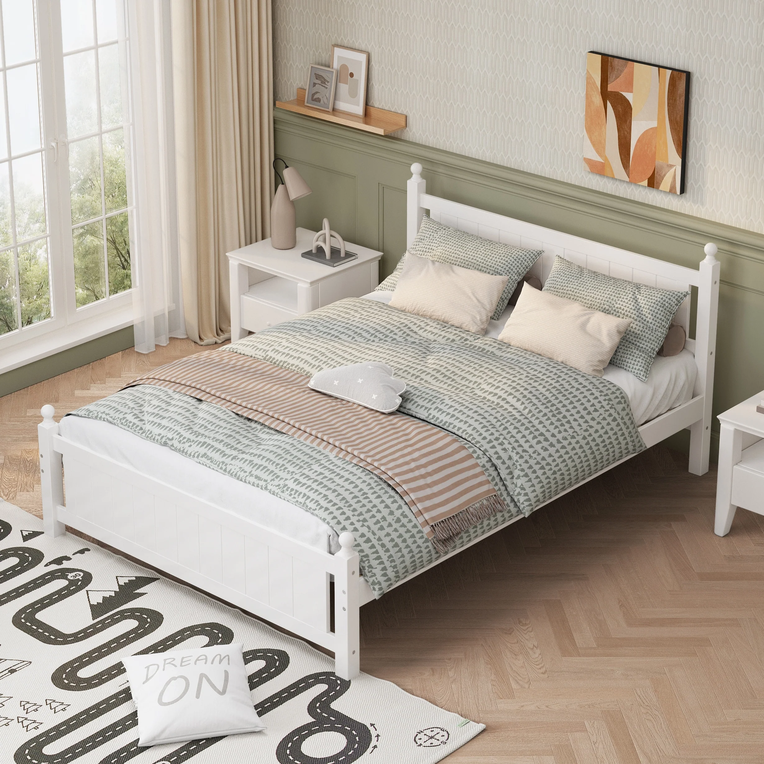White Queen Size Solid Wood Platform Bed