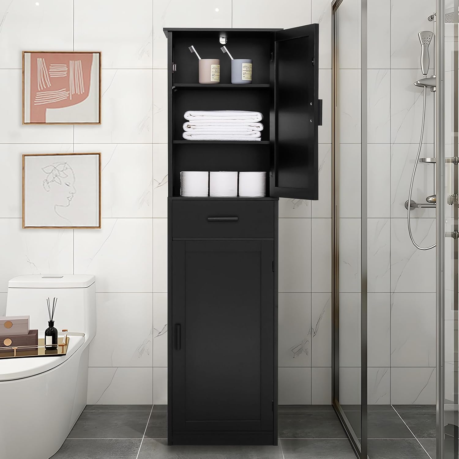 usikey 67'' Tall Storage Cabinet with 4 Shelves & 2 Doors, Bathroom Cabinet with 1 Drawer, Narrow Storage Cabinets for Bathroom, Living Room, Home Office, Black