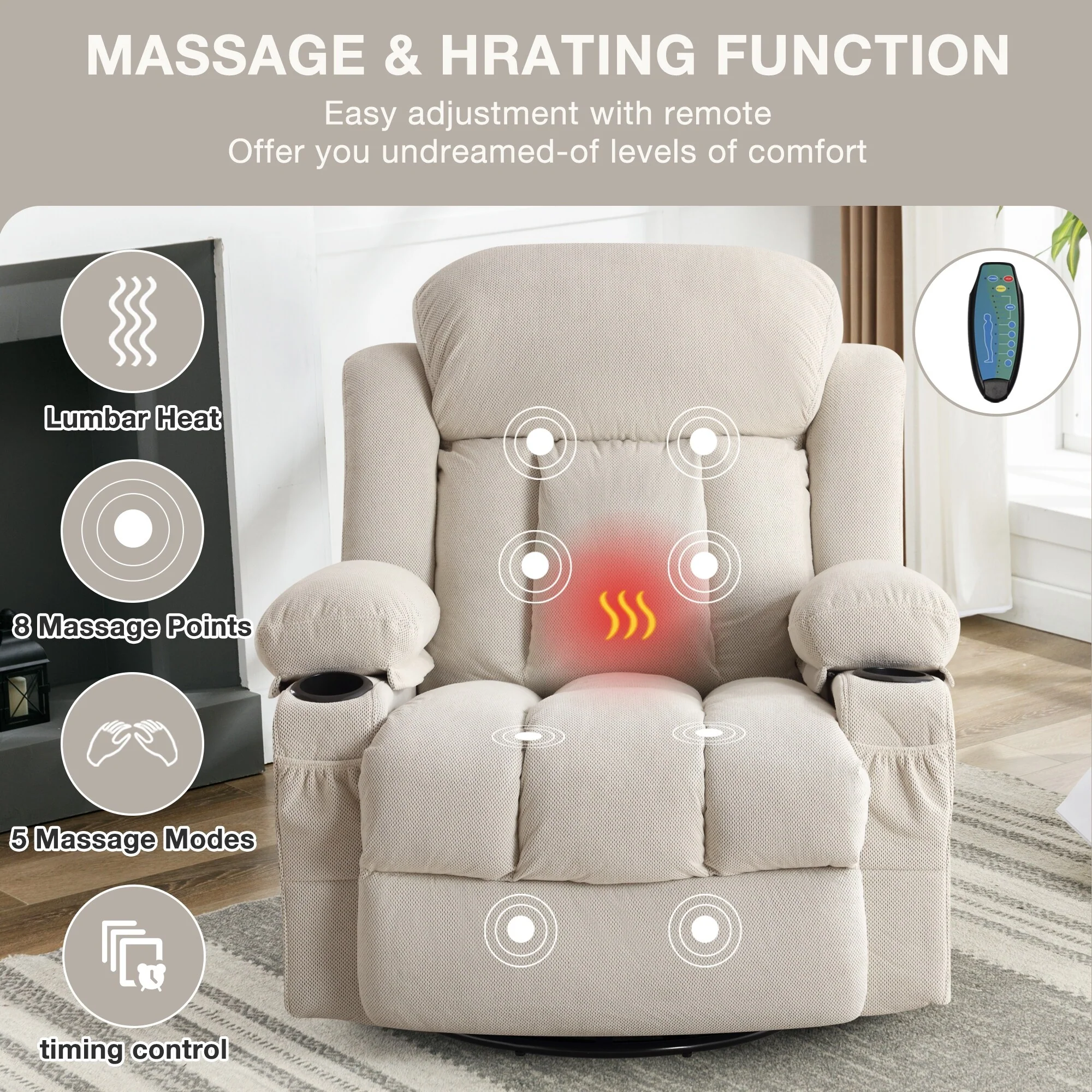 360° Swivel Massage Recliner Chair in Soft Velvet with Heat, USB, Manual Recline and Storage Pockets