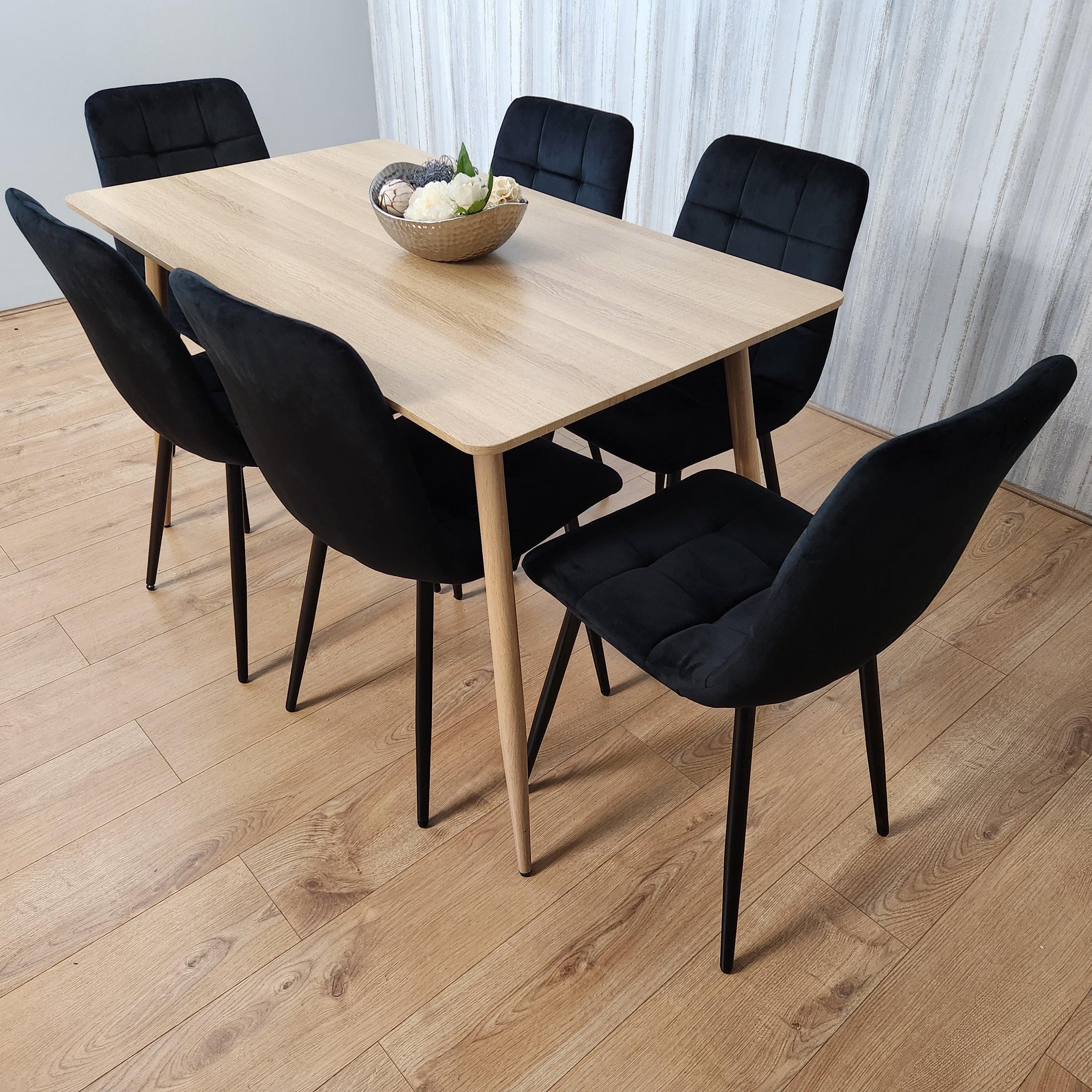 KOSY KOALA Rectangle Oak Effect Kitchen Dining Table With 6 Black Velvet Tufted Chairs Dining Set