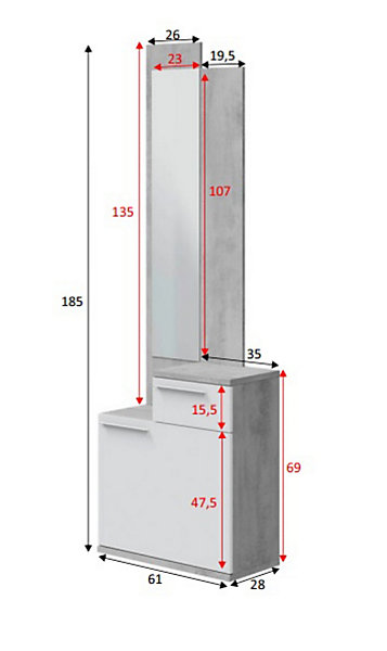 Meuble d'entrée, meuble de rangement coloris gris cendre, blanc brillant - longueur 61 x hauteur 185 x profondeur 28 cm