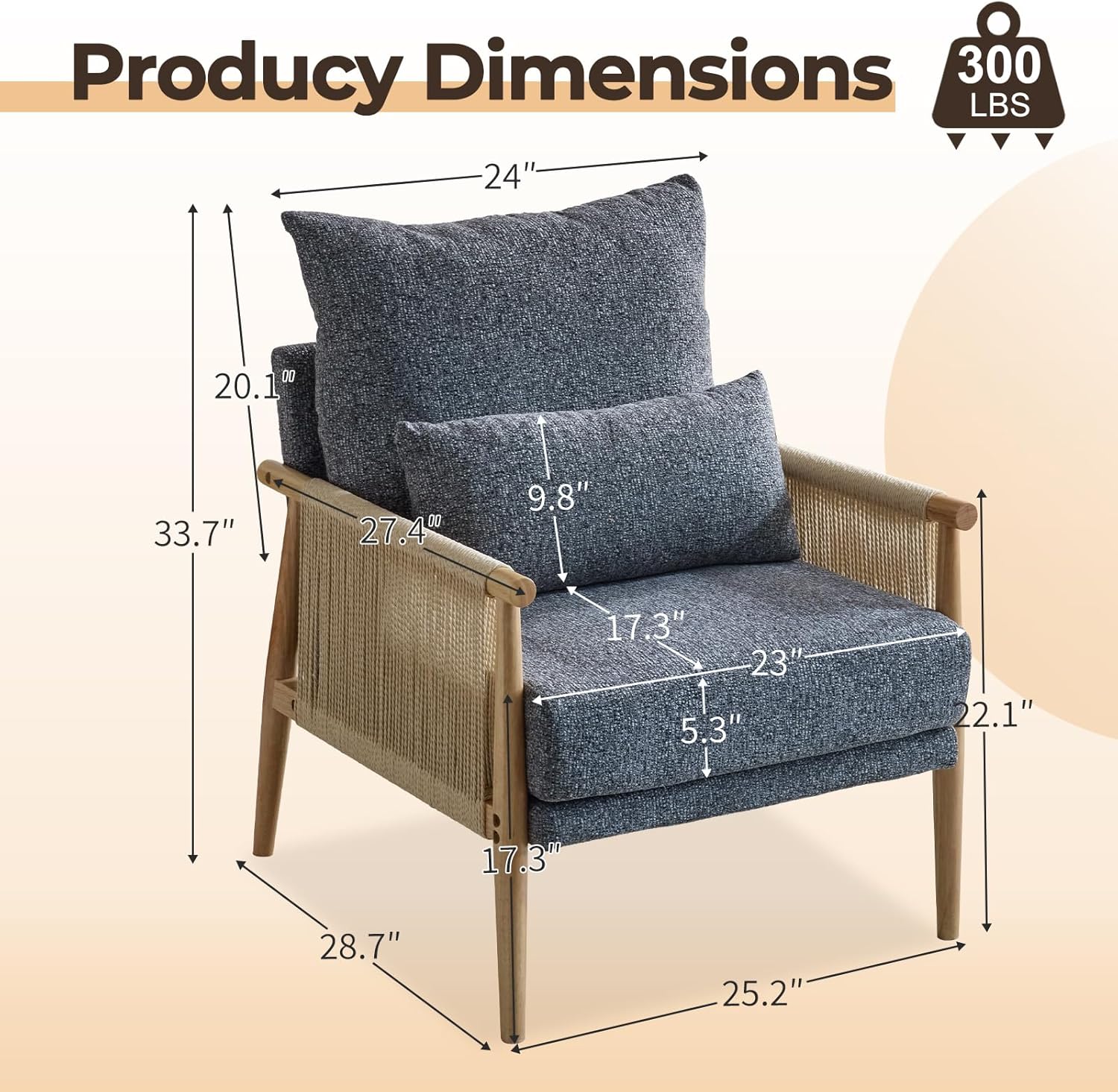 Karl home Cozy Chenille Accent Chair with Lumbar Pillow & Rattan Arms Modern Lounge Chair for Living Room, Bedroom, Reading Nook, Dark Gray