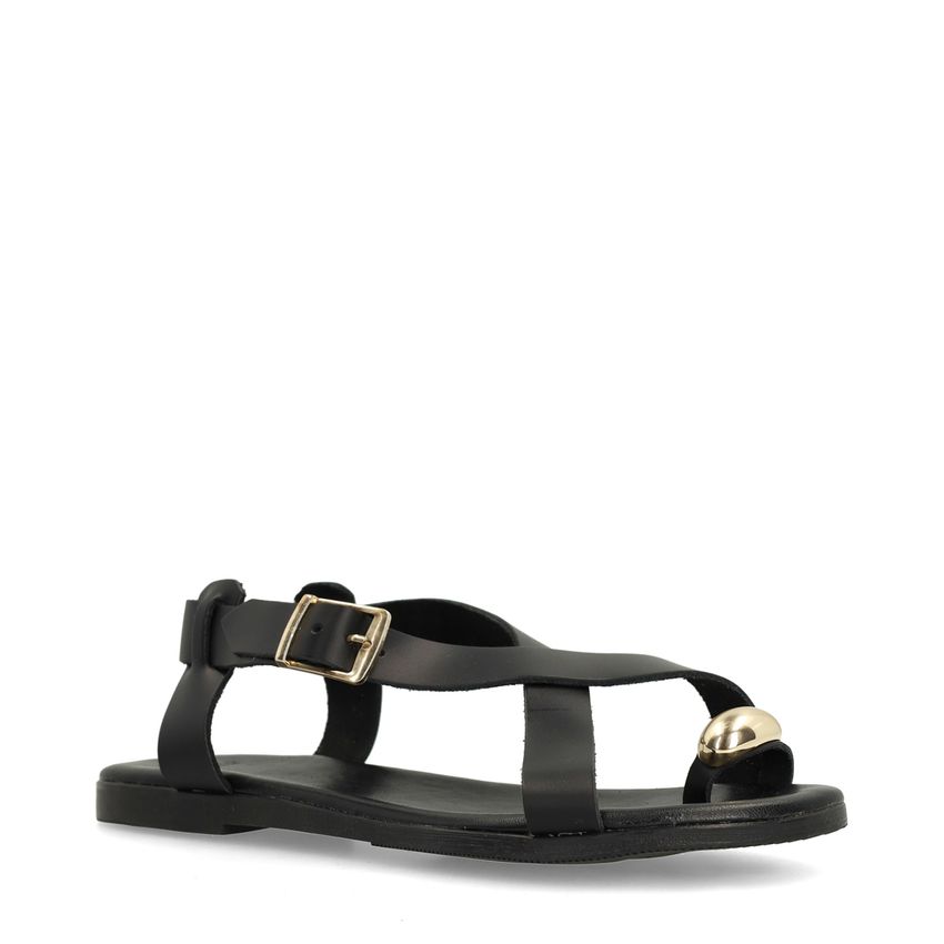 Manfield Zwart leren sandalen met goudkleurig detail