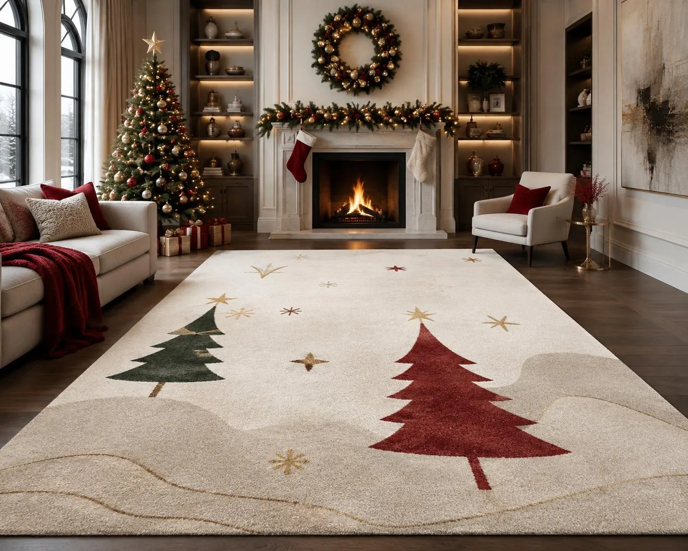 Hand Tufted Christmas Rug, Christmas Tree Area Rug, Handmade Holiday Rug, Festive Living Room Decor