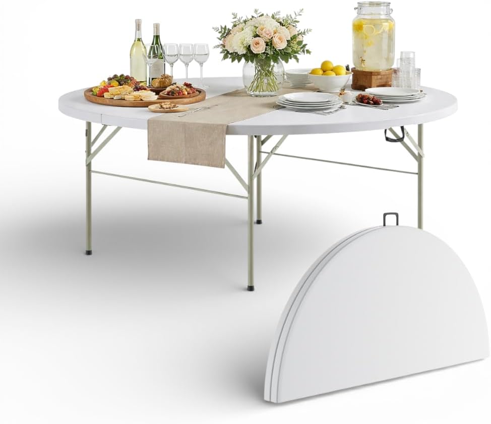 6 Ft Round Bi-Fold Folding Table with Carry Handle, 72 Bi-fold Table, Portable Plastic Table with Steel Legs for Party, Dining, Wedding, Events, Picnic, Indoor Outdoor Use