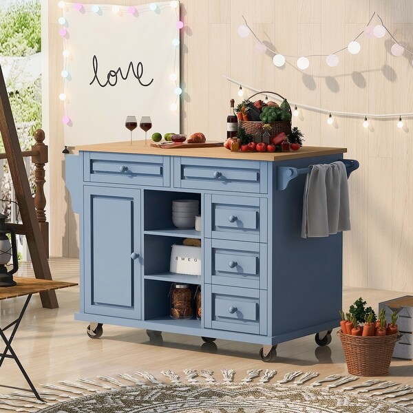 Rubber Wood Desktop Rolling Mobile Kitchen Island with Storage and 5 Draws