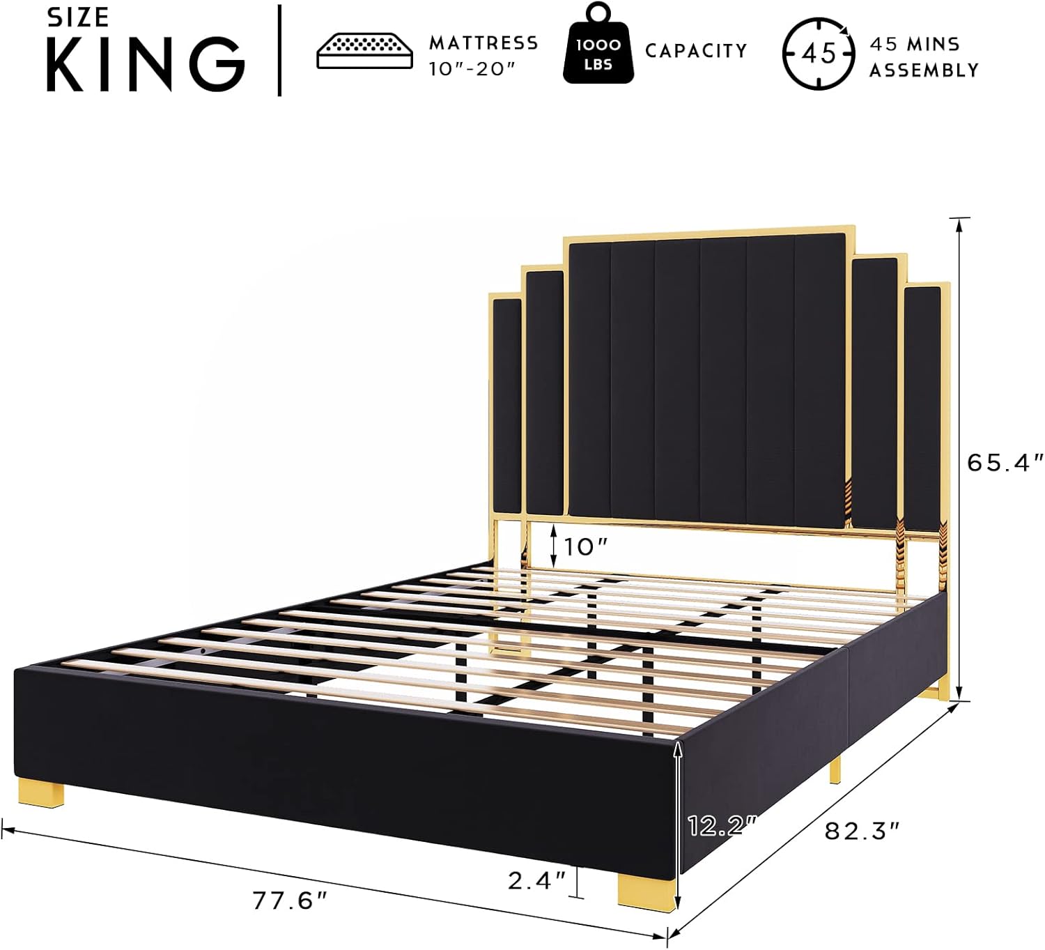 HOWE King Size Bed Frame and 65 Headboard, Upholstered Bed with Golden Plating Trim, Modern Platform Bed No Box Spring Needed, Black