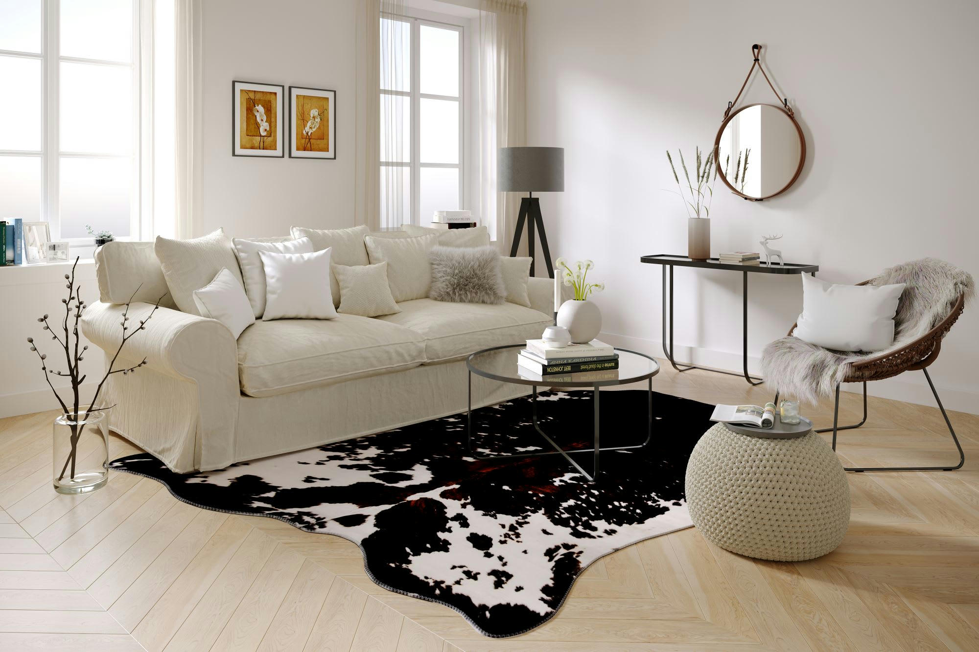 EMILIA - Tapis en peau de vache artificielle noir et blanc 100x130
