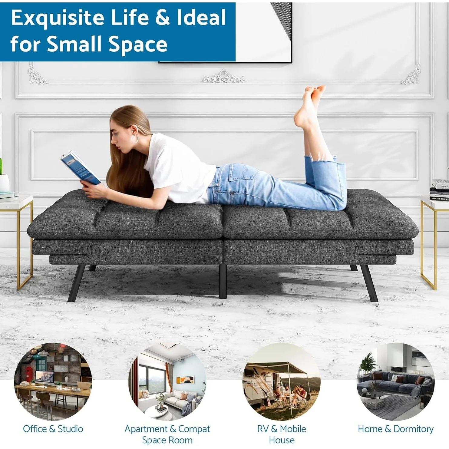 Futon Sofa Bed, Memory Foam Foldable Couch Convertible Loveseat Sleeper Daybed with Adjustable Armrests for Small Space